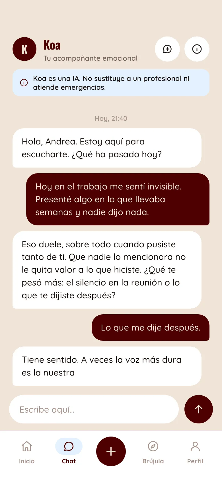 Pantalla de conversación con Koa