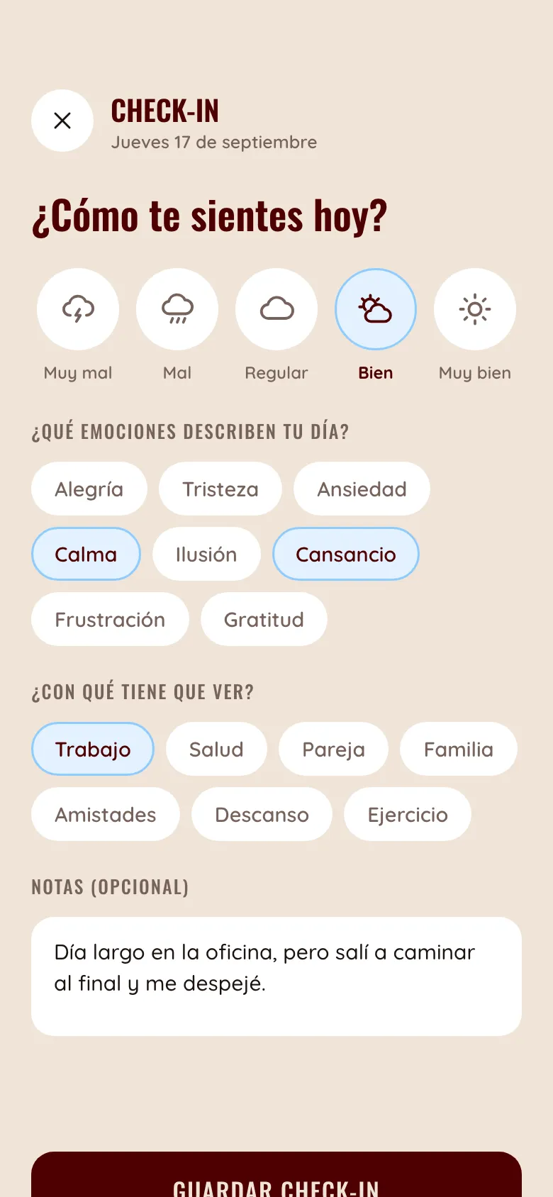 Pantalla de check-in de ánimo