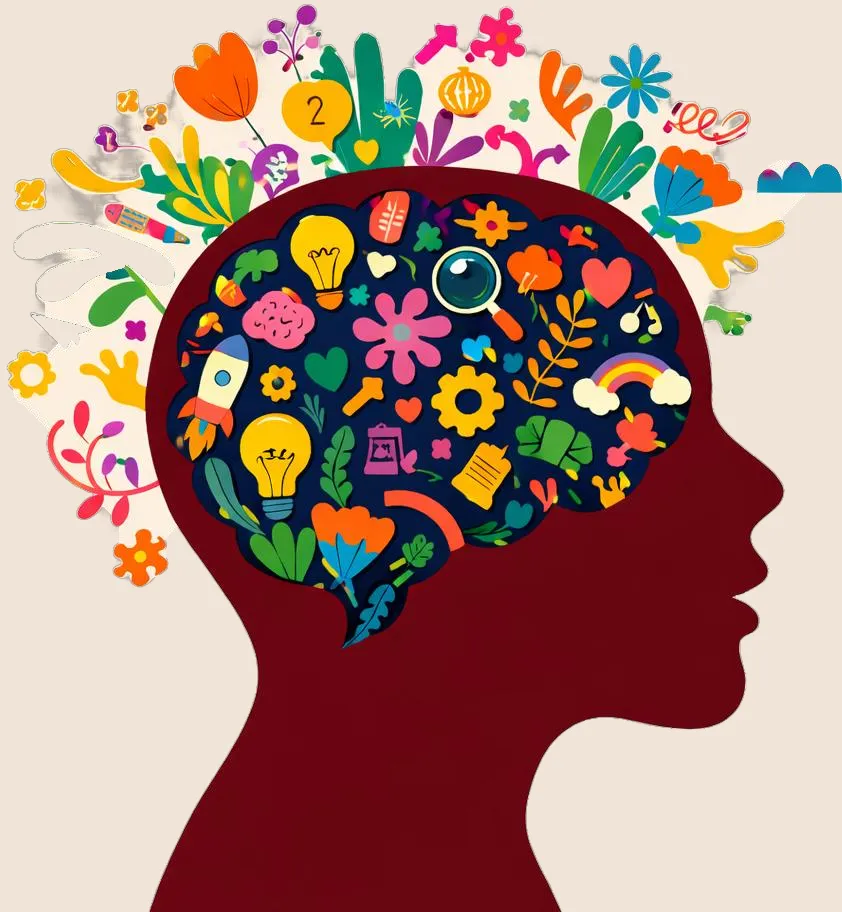 Ilustración de una silueta con la mente llena de ideas y flores