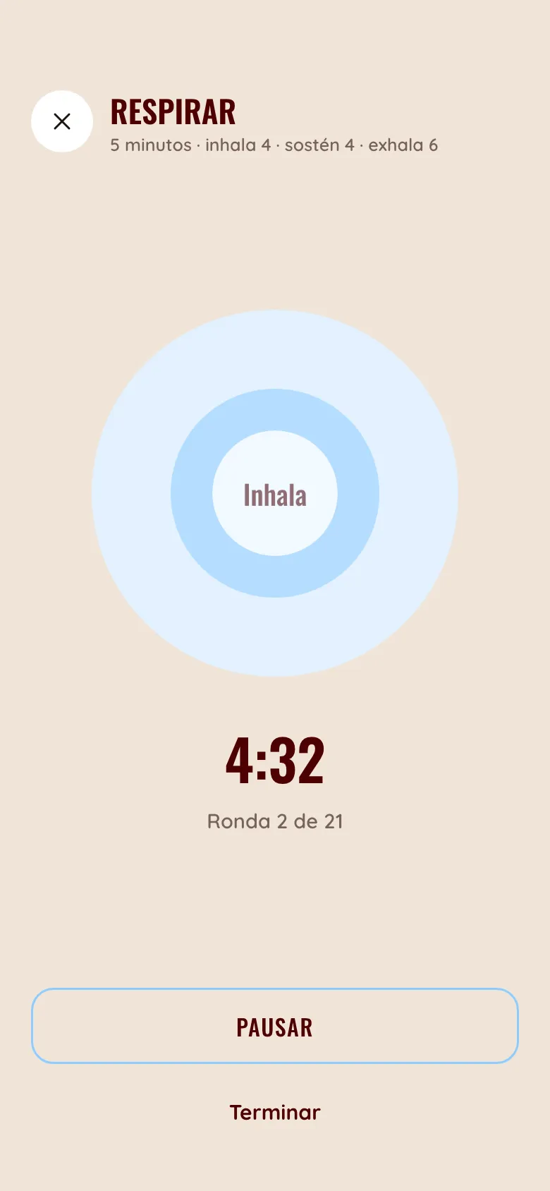 Pantalla del ejercicio de respiración